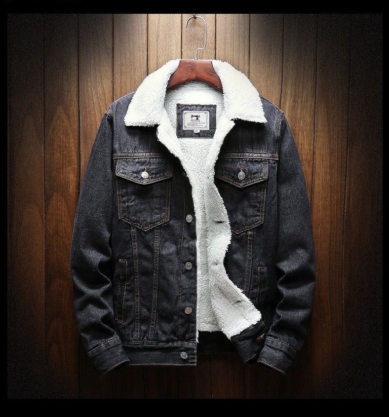 Men's Fur-Trimmed Button-Front Denim Jacket – Black