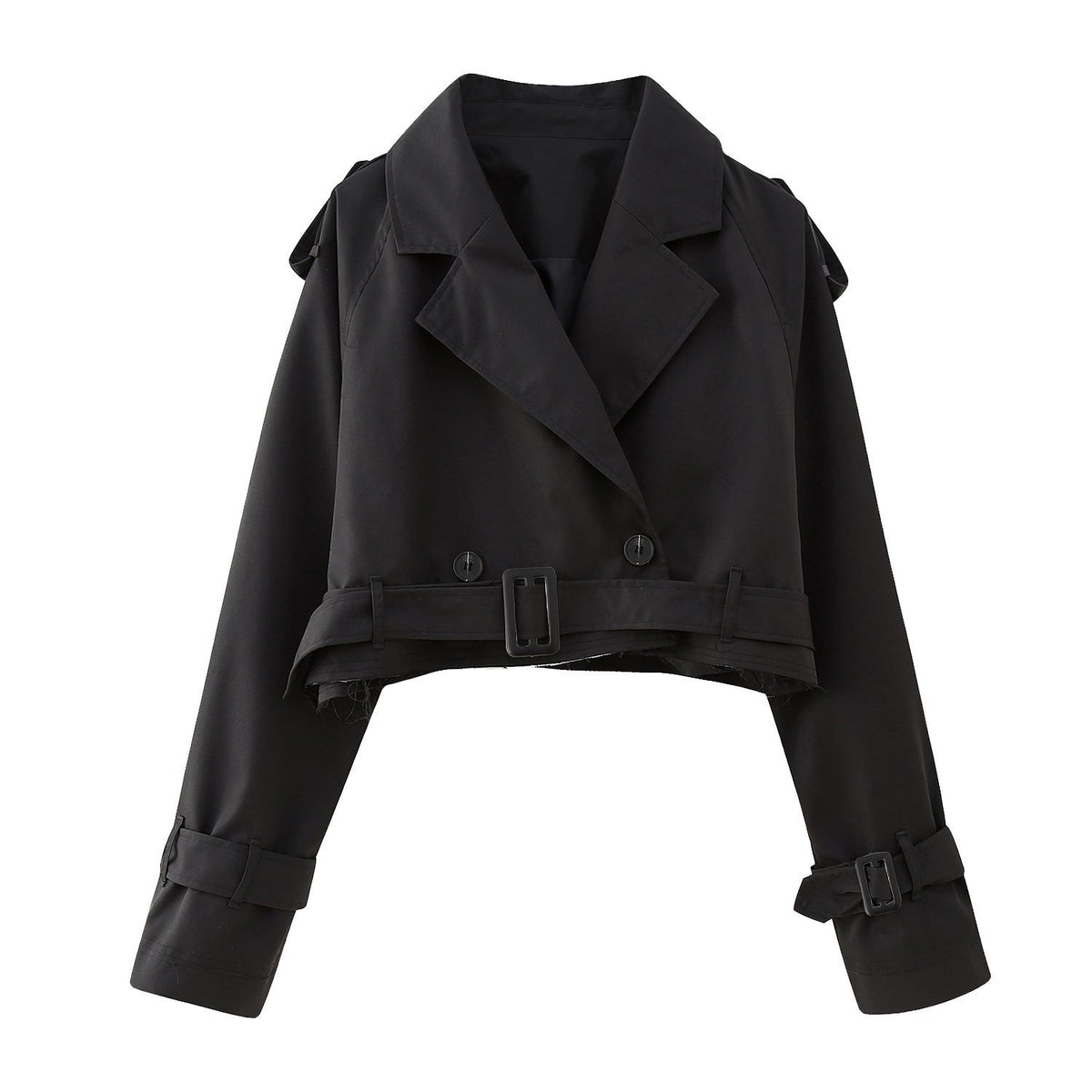 Women's Belt-Detail Crop-Length Trench Jacket – Black