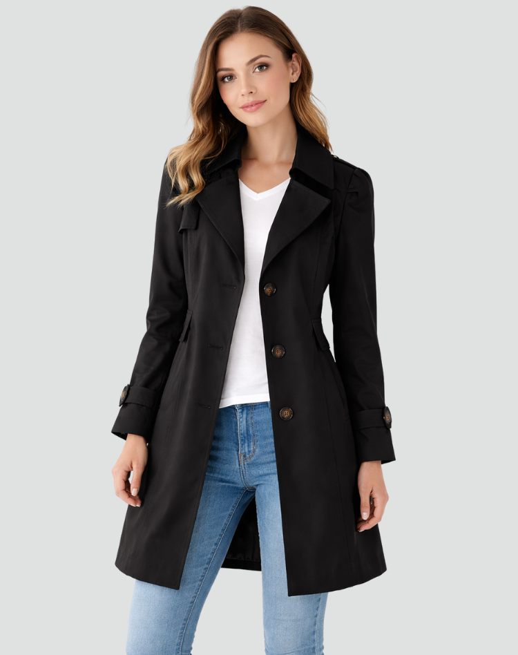 Women's Fitted Mid-Length Lapel Trench Coat – Black