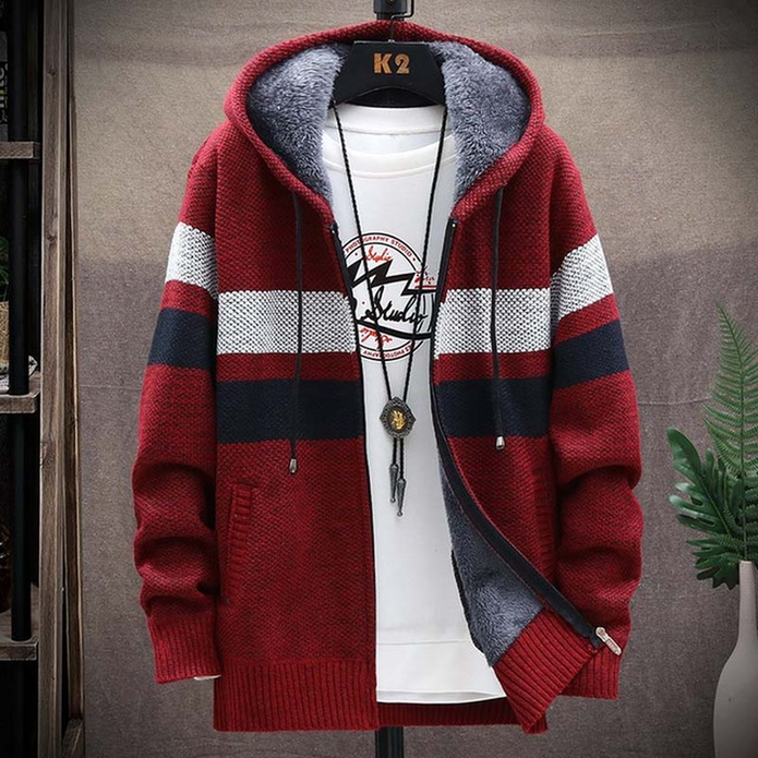 Men's Light-Weight Longline Hood-Detail Knit Cardigan – Red