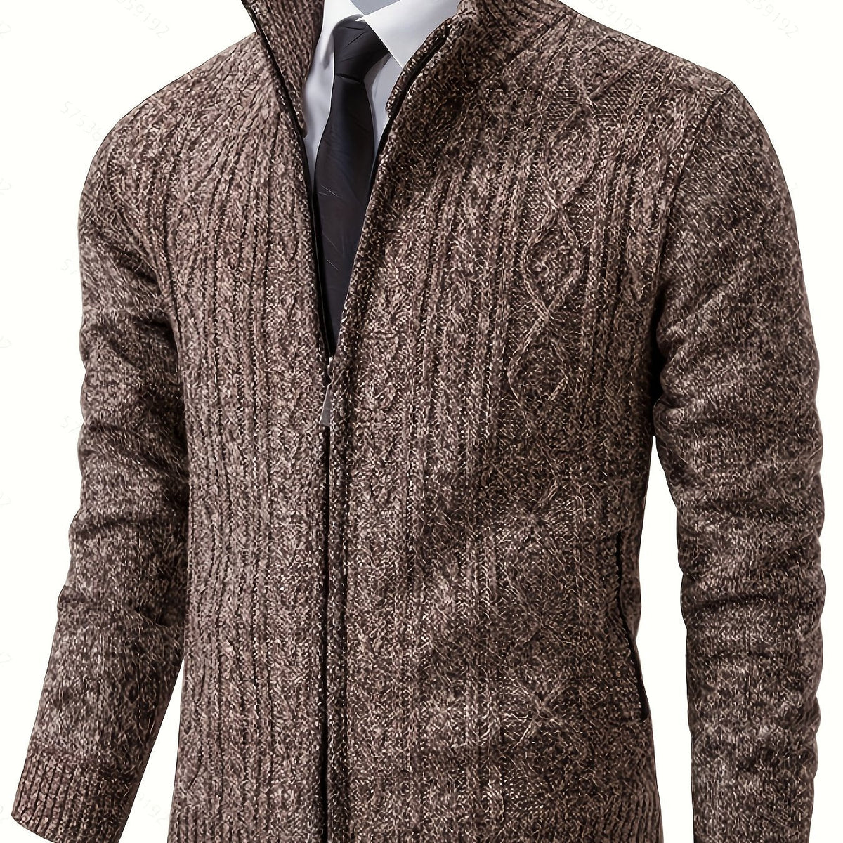 Men's Cable-Stitch Stand Collar Zip-Front Knit Cardigan – Coffee Brown