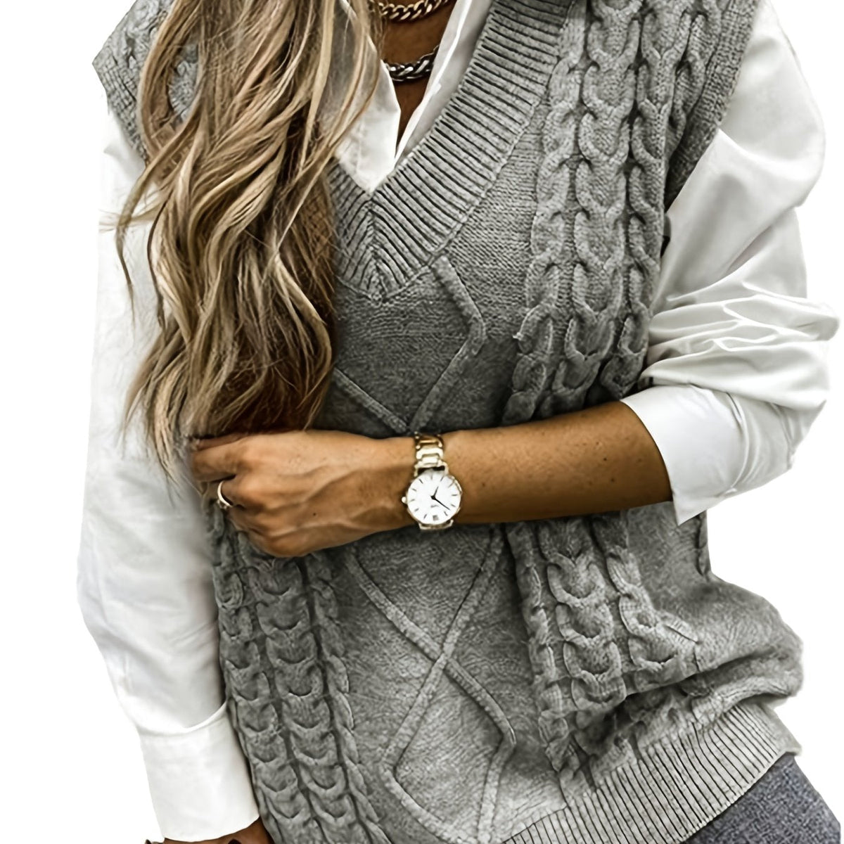 Women's Cable-Stitch V-Neckline Sweater Vest – Gray