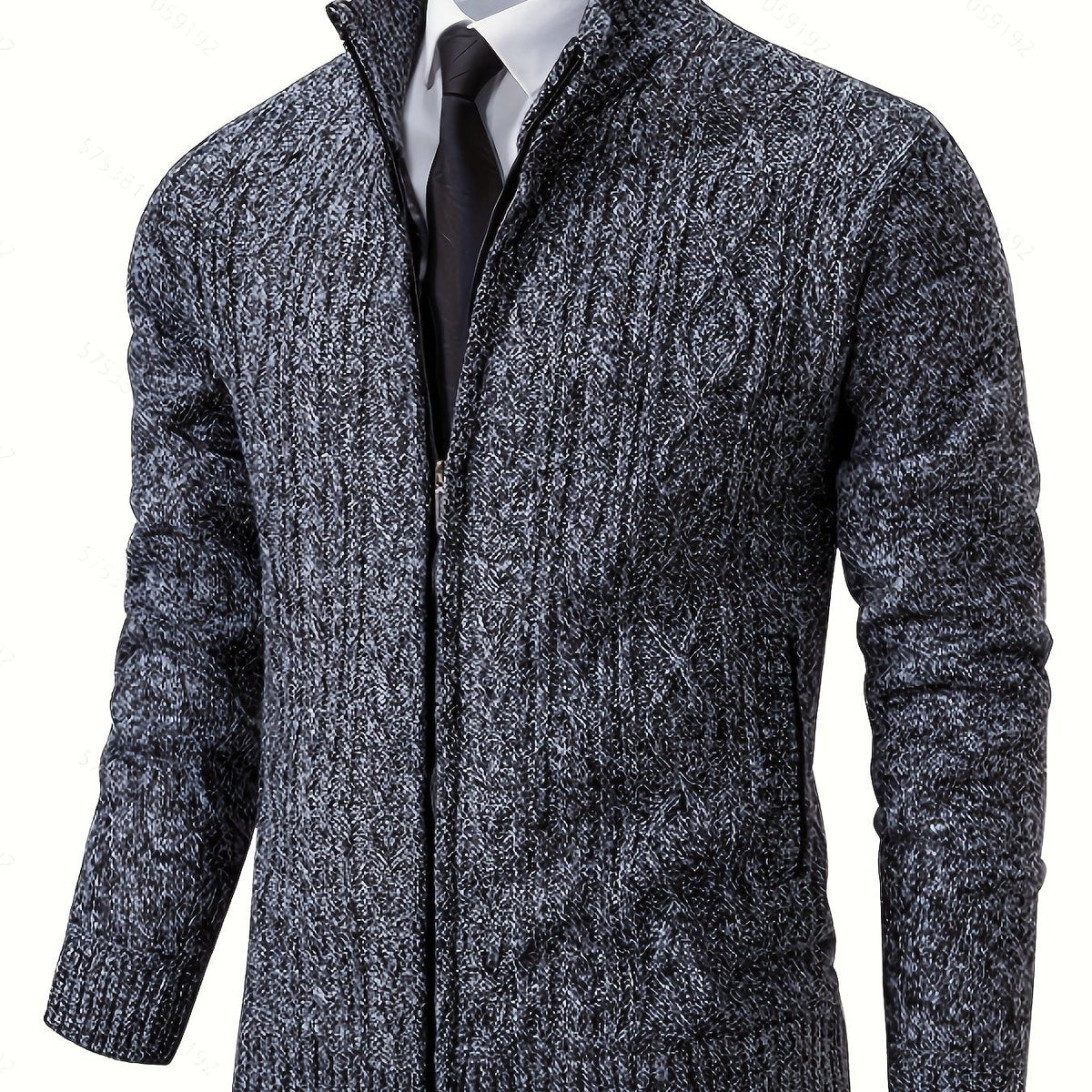 Men's Cable-Stitch Stand Collar Zip-Front Knit Cardigan – Dark Gray