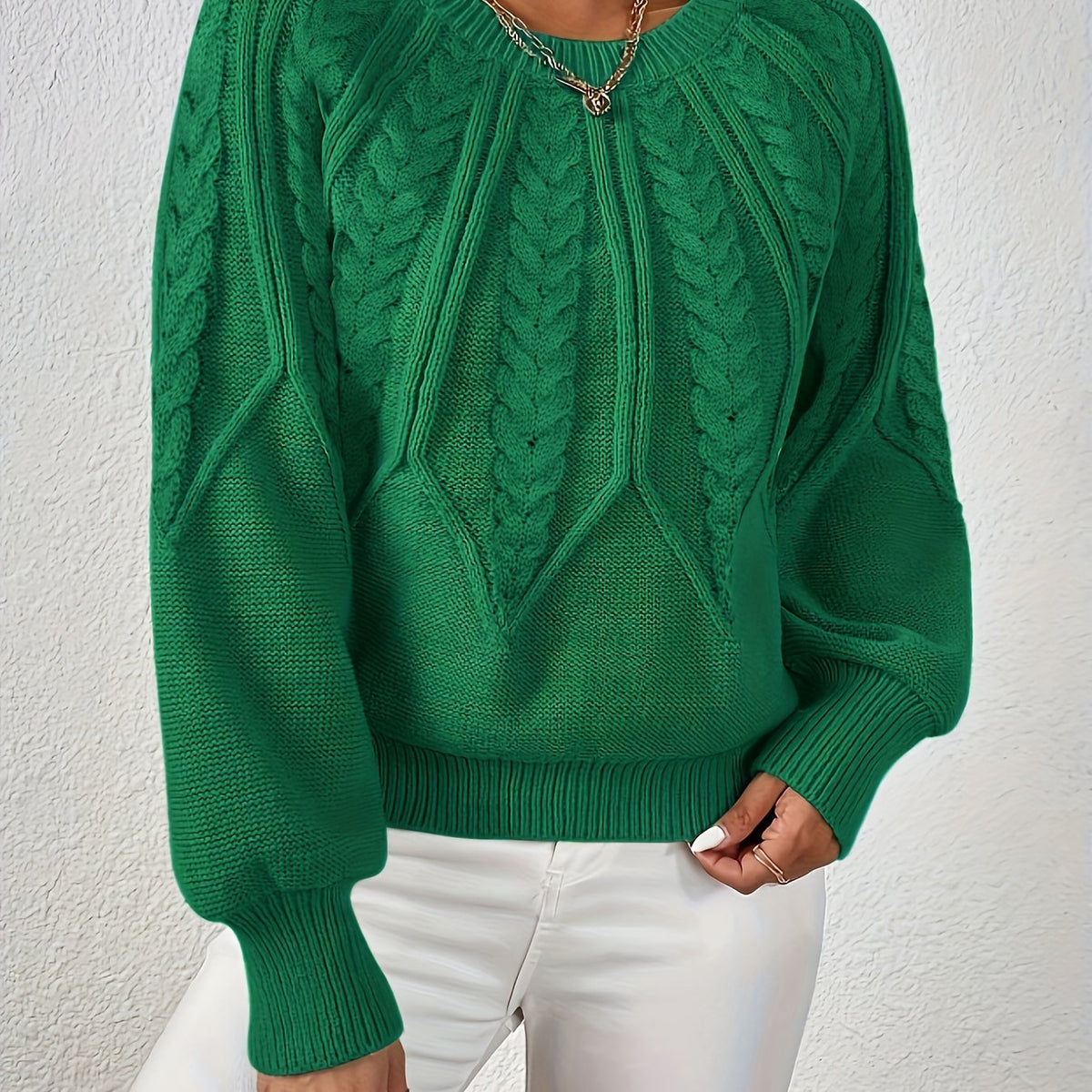 Women's Cable-Stitch Lantern Sleeve Pullover – Green