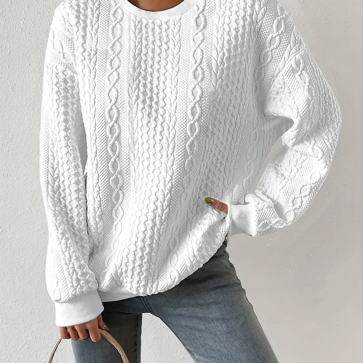 Women's Cable-Stitch Crew-Neck Sweatshirt – White