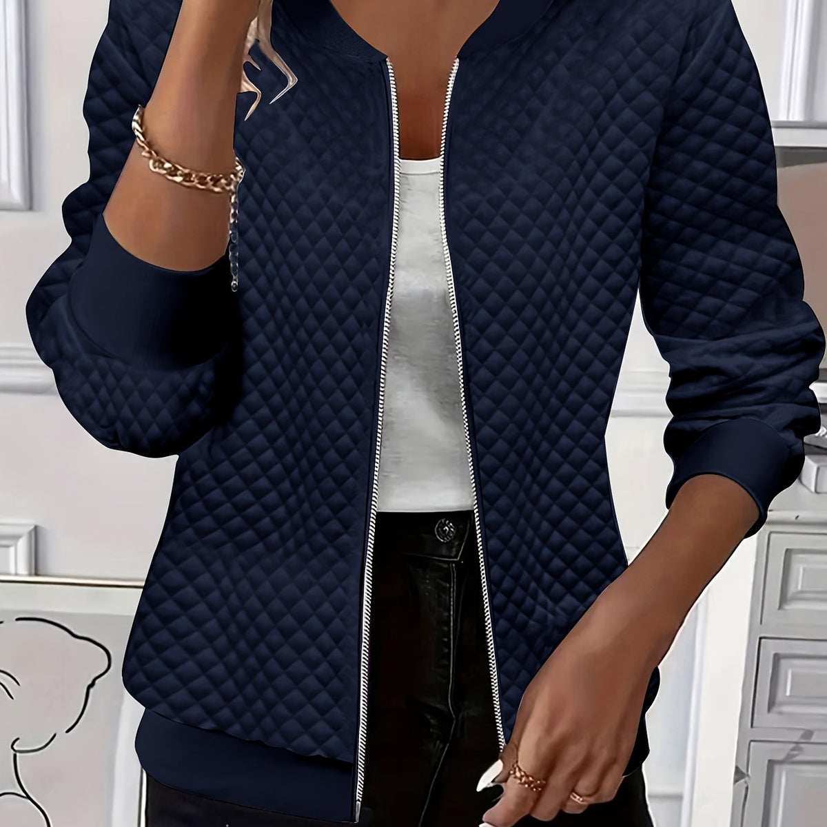 Women's Quilted-Texture Baseball Collar Jacket for Work – Navy