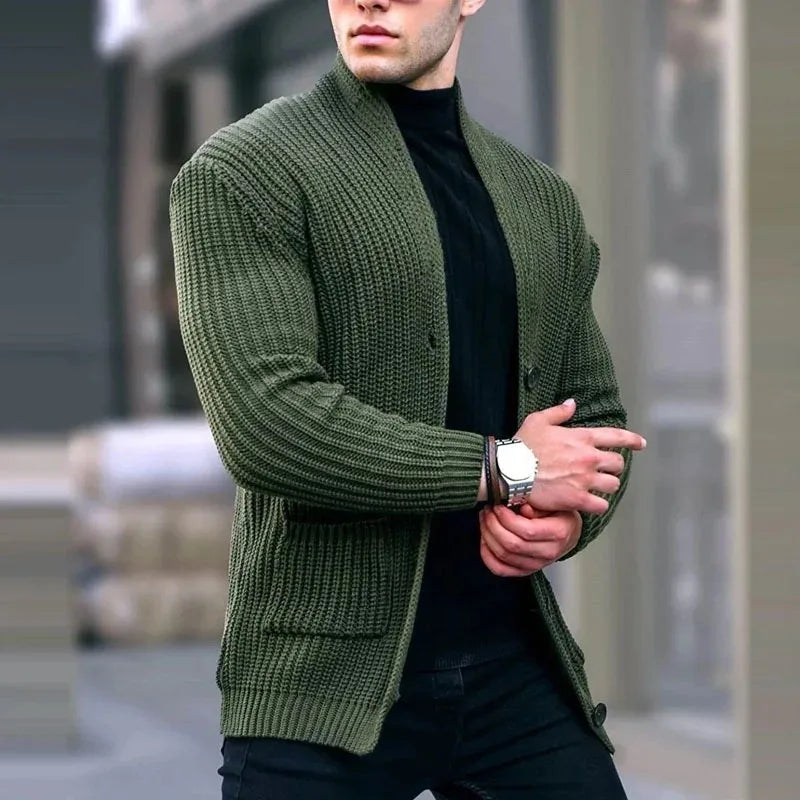 Men's Easy-Fit Open-Neck Knit Cardigan with Pockets – Army Green