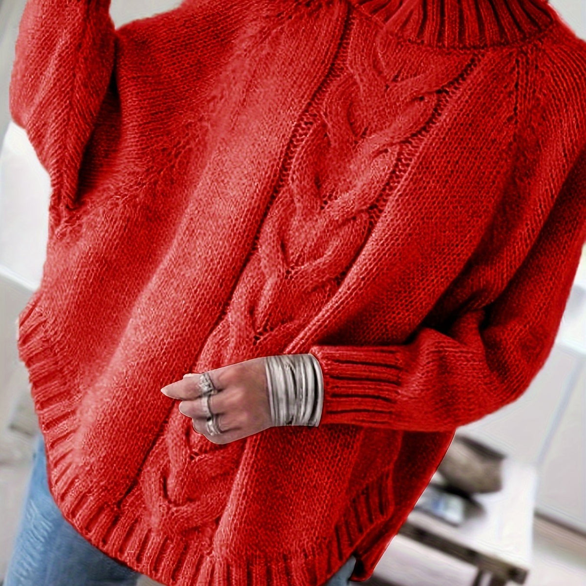 Women's Cable-Stitch High Neck Relaxed-Fit Pullover – Red