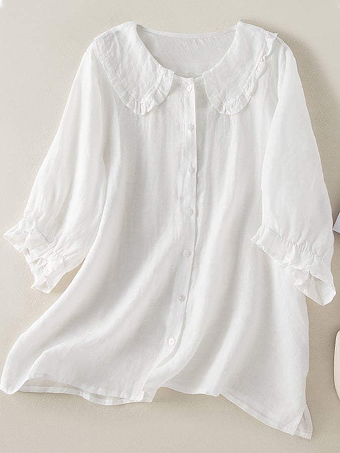 Women's Ruffled Collar Button-Front Blouse for Work – White