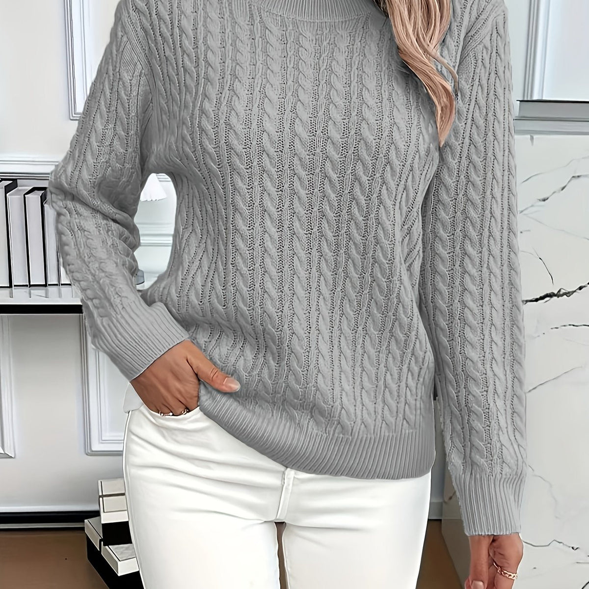 Women's Cable-Stitch Easy-Fit Pullover – Gray