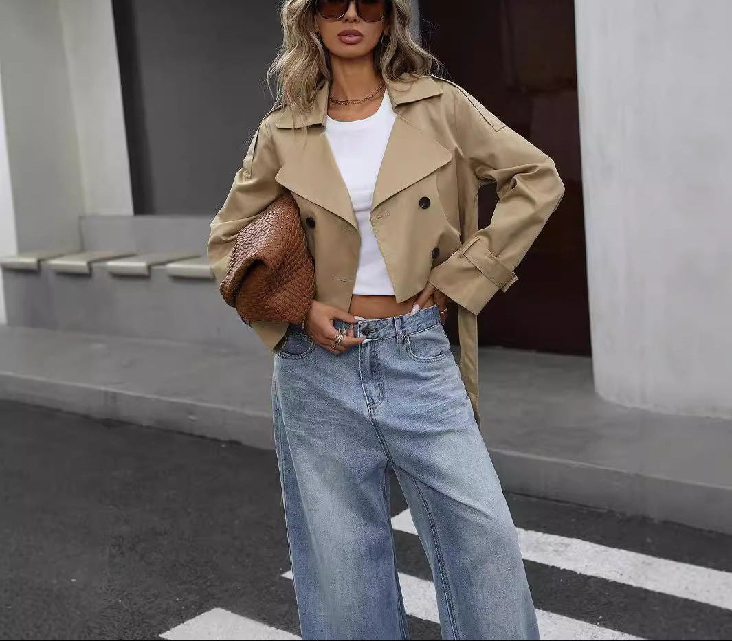 Women's Crop-Length Double-Breast Trench Jacket – Khaki