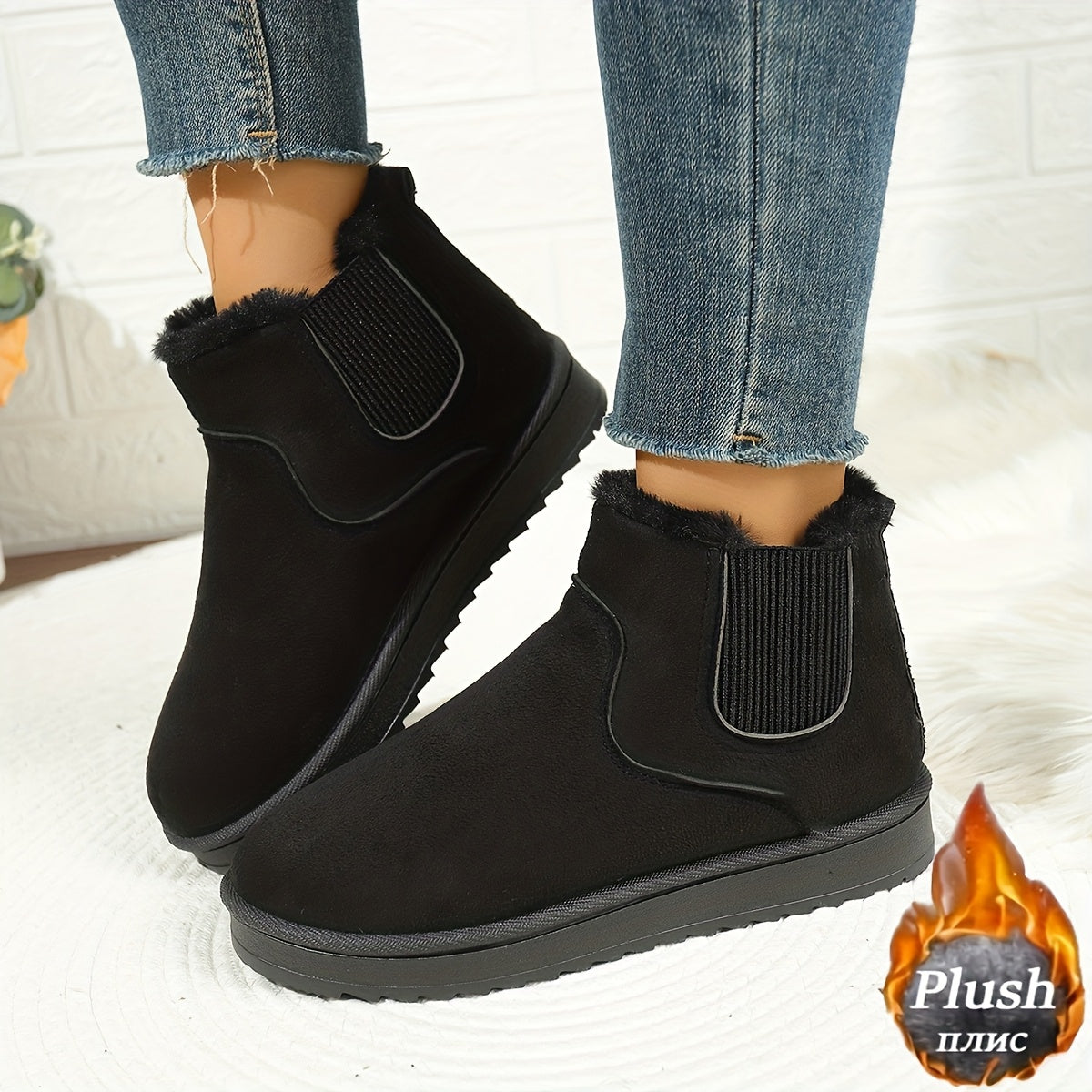 Women's Plush Platform-Sole Booties – Black