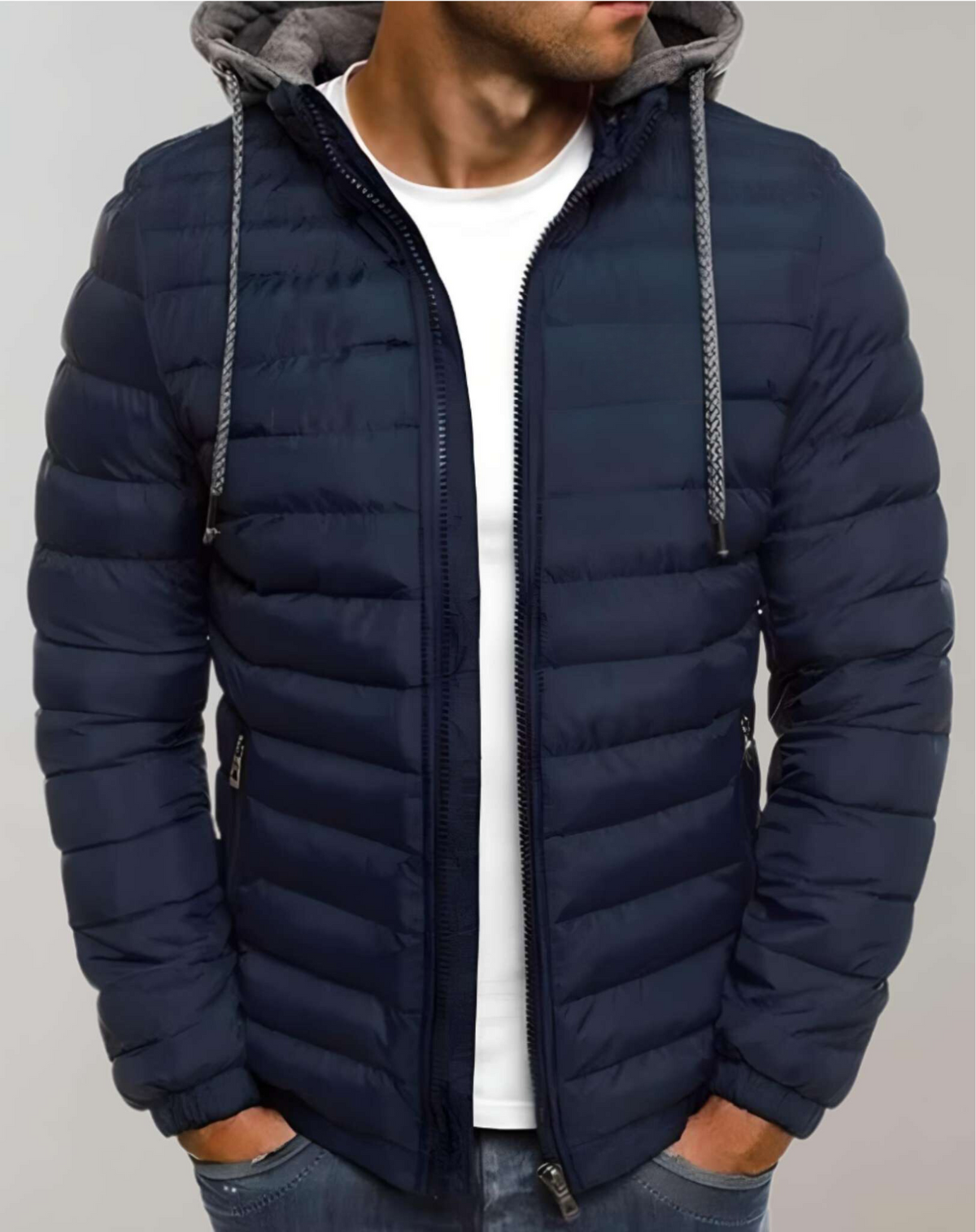 Men's Light-Weight Quilted Jacket with Hood and Elastic Cuffs – Navy Blue