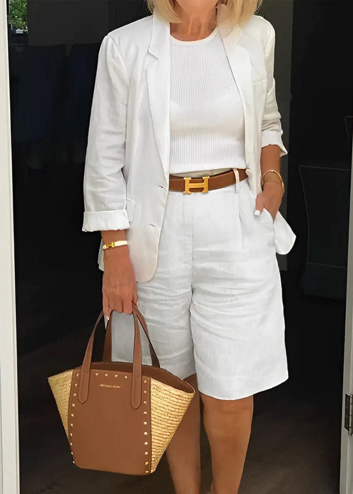 Women's Belt-Detail Blazer and Shorts Set – White