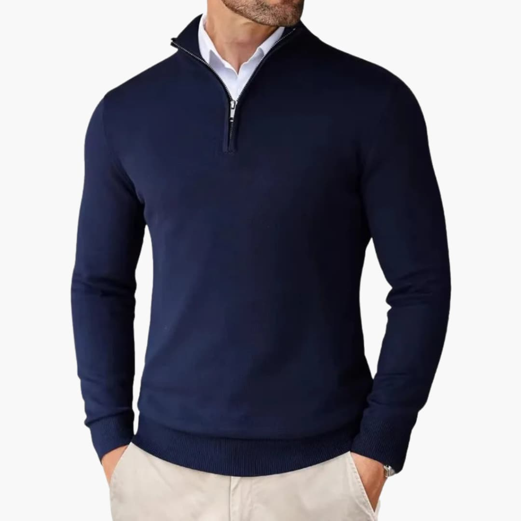 Men's Smooth Knit Quarter-Zip Pullover Top for Layering – Navy Blue