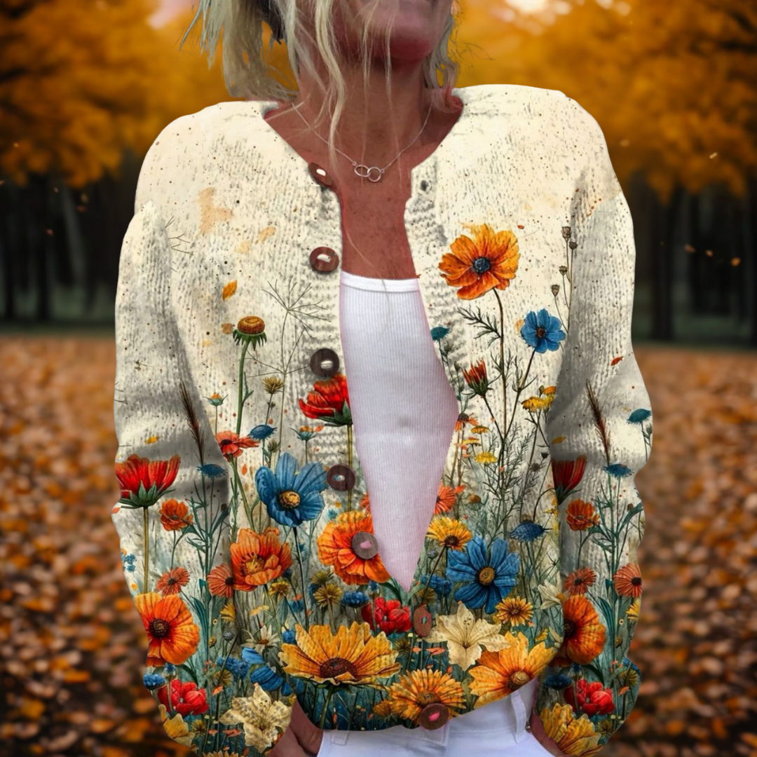 Women's Retro Flower-Print Open-Style Knit Cardigan for Fall – view 1