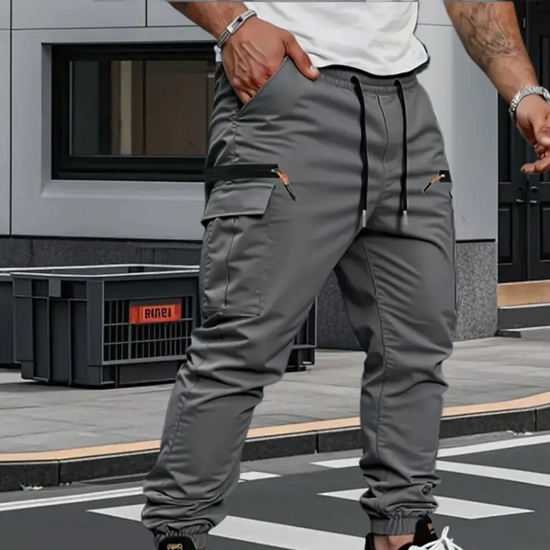 Men's Tie-Waist Slim-Tapered Cargo Pants with Elastic Cuffs – Gray