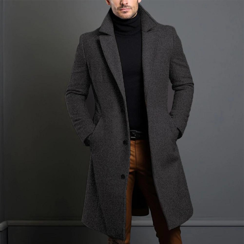 Men's Wool Longline Notched Lapel Overcoat for Layering – Dark Gray
