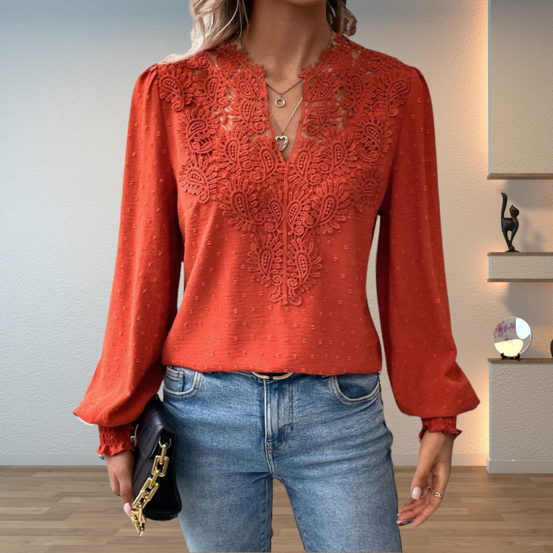Women's Textured V-Neckline Blouse – Red