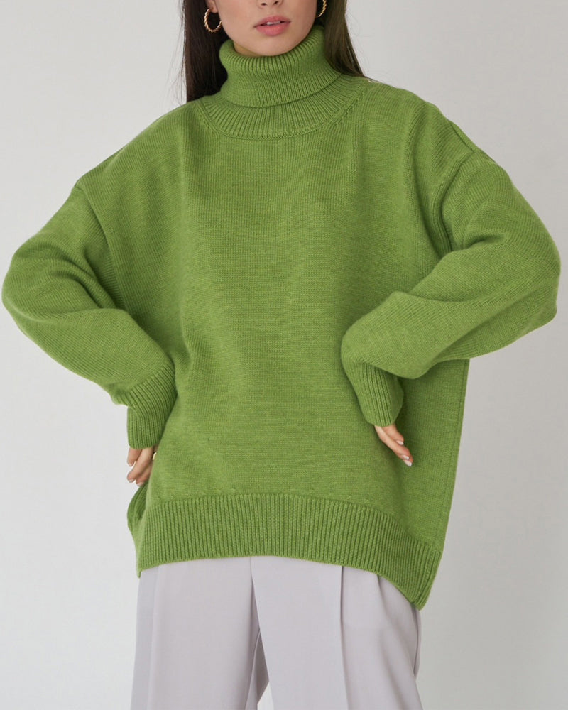 Women's Relaxed-Fit Roll-Neck Knit Pullover – Olive Green