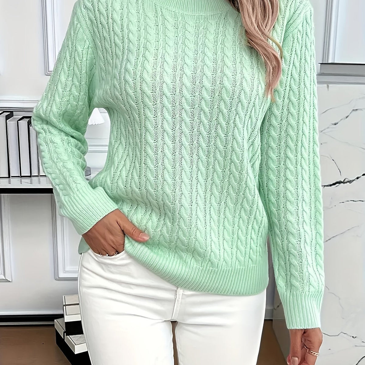 Women's Cable-Stitch Easy-Fit Pullover – Light Green