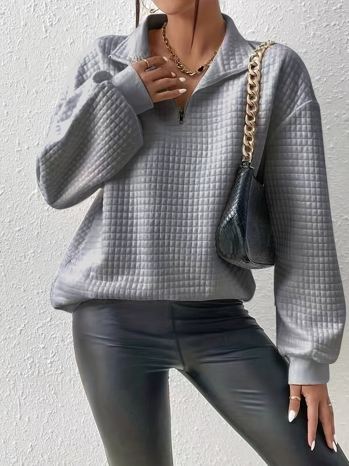Women's Half-Zip Stand Collar Textured Knit Sweater for Layering – Gray