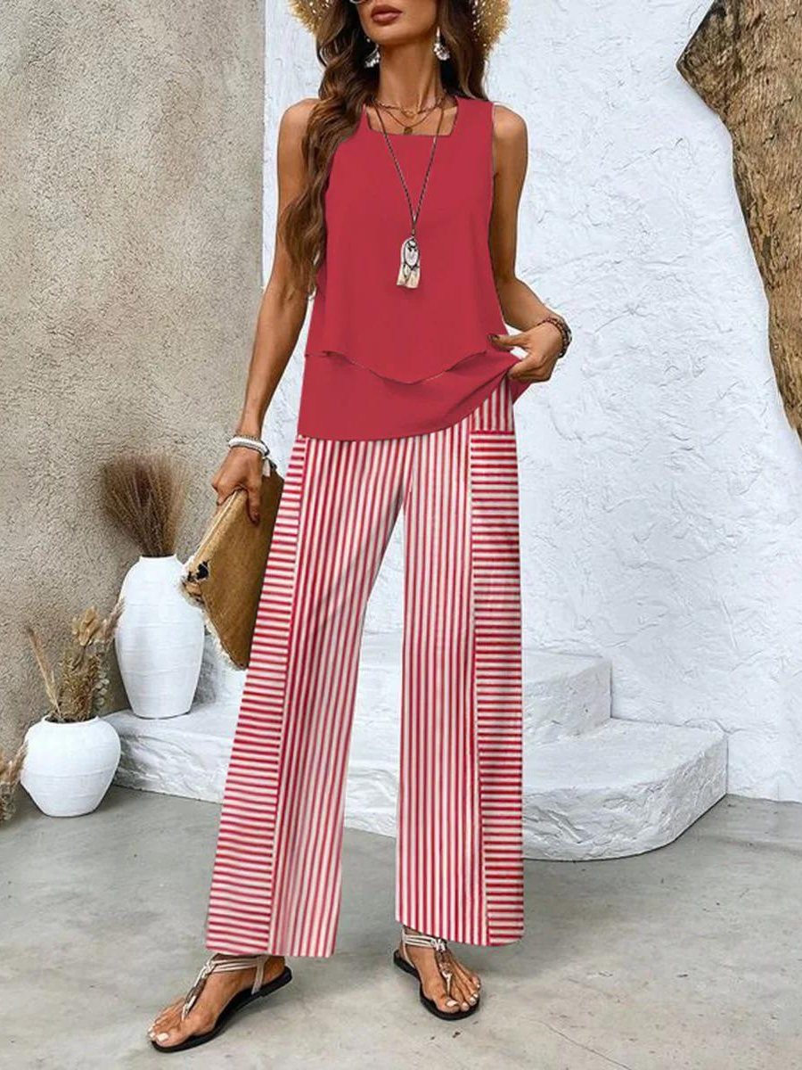 Women's Leaf Print Wide-Cut Two-Piece Set for Fall – Red