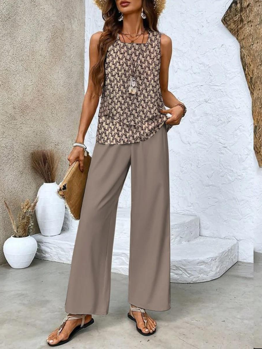 Women's Leaf Print Wide-Cut Two-Piece Set for Fall – Brown