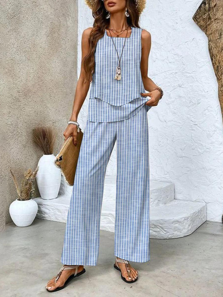 Women's Leaf Print Wide-Cut Two-Piece Set for Fall – Light Blue