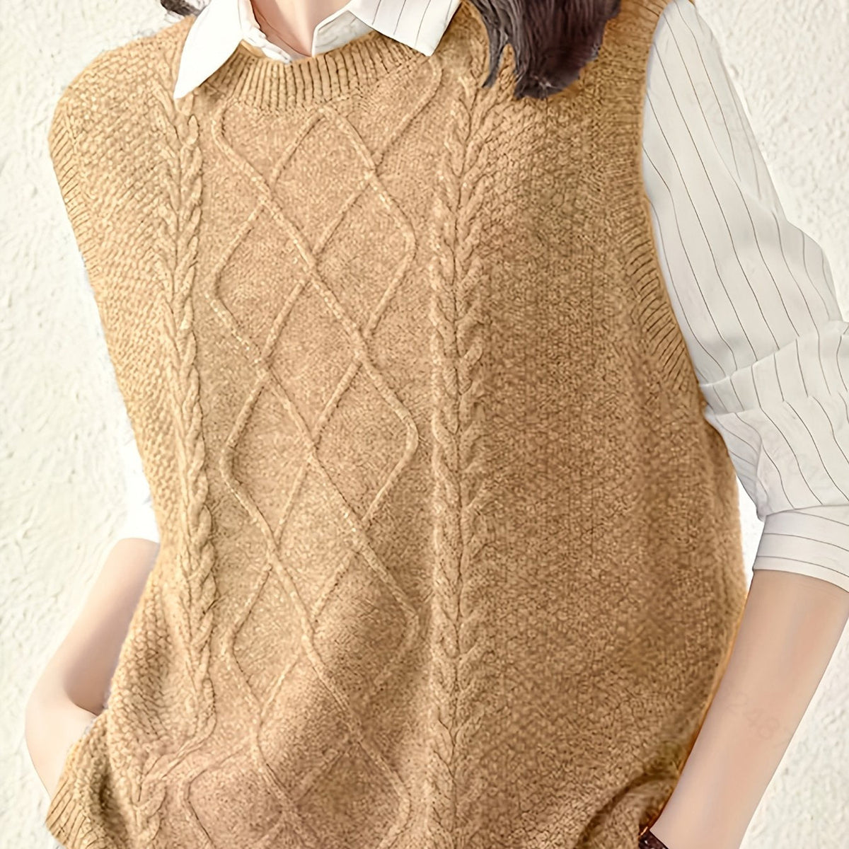 Women's Cable-Stitch Round-Neck Sweater Vest – Yellowish Brown