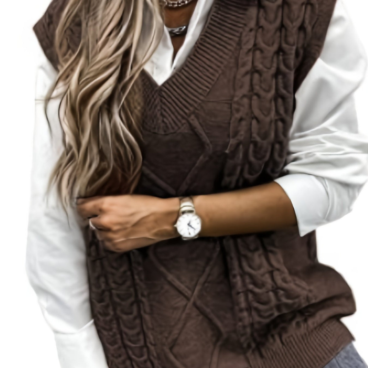 Women's Cable-Stitch V-Neckline Sweater Vest – Coffee Brown