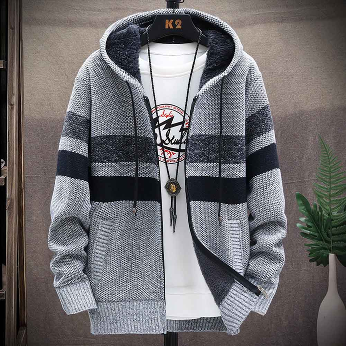 Men's Light-Weight Longline Hood-Detail Knit Cardigan – Light Gray