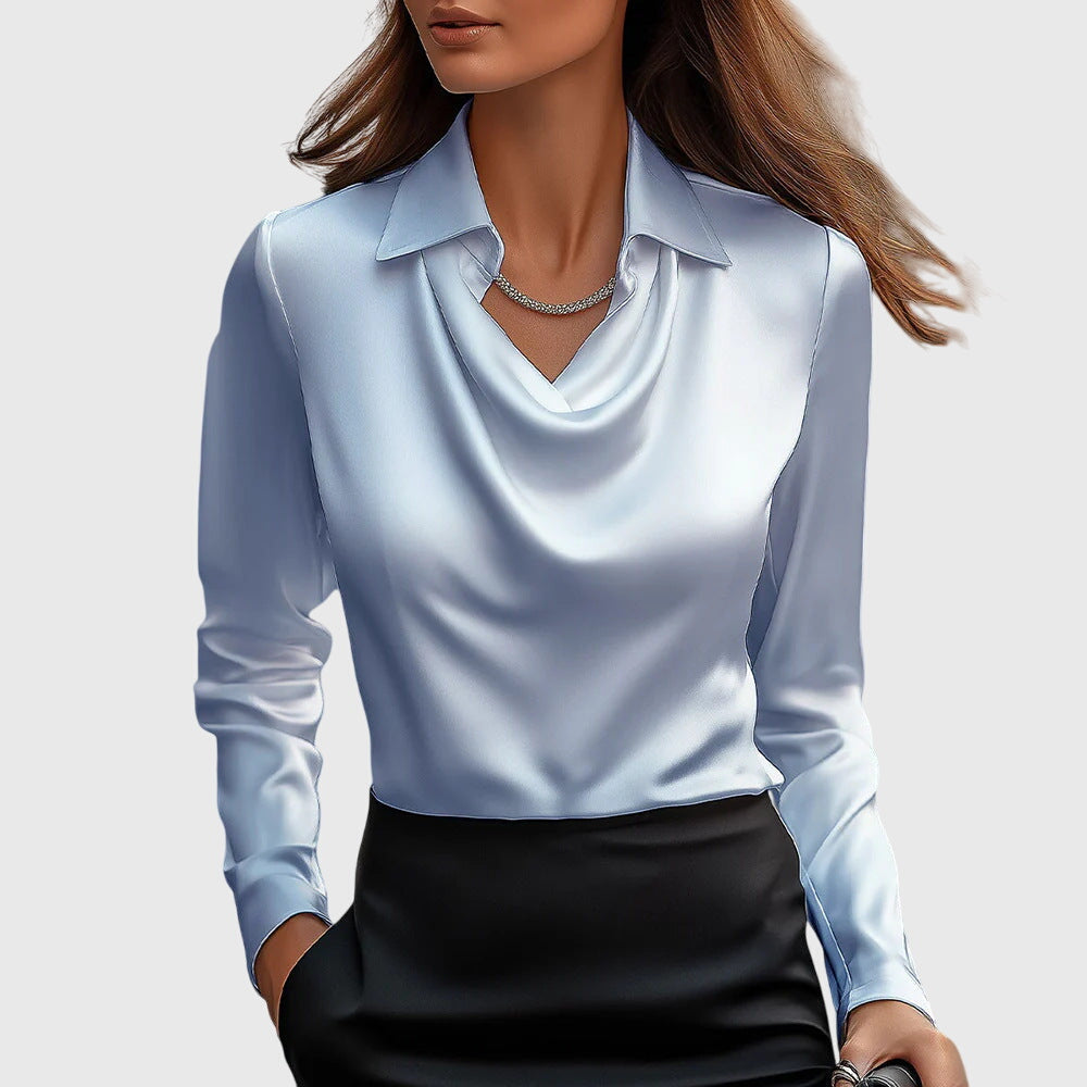 Women's Satin-Finish Cowl-Neck Blouse – Light Blue