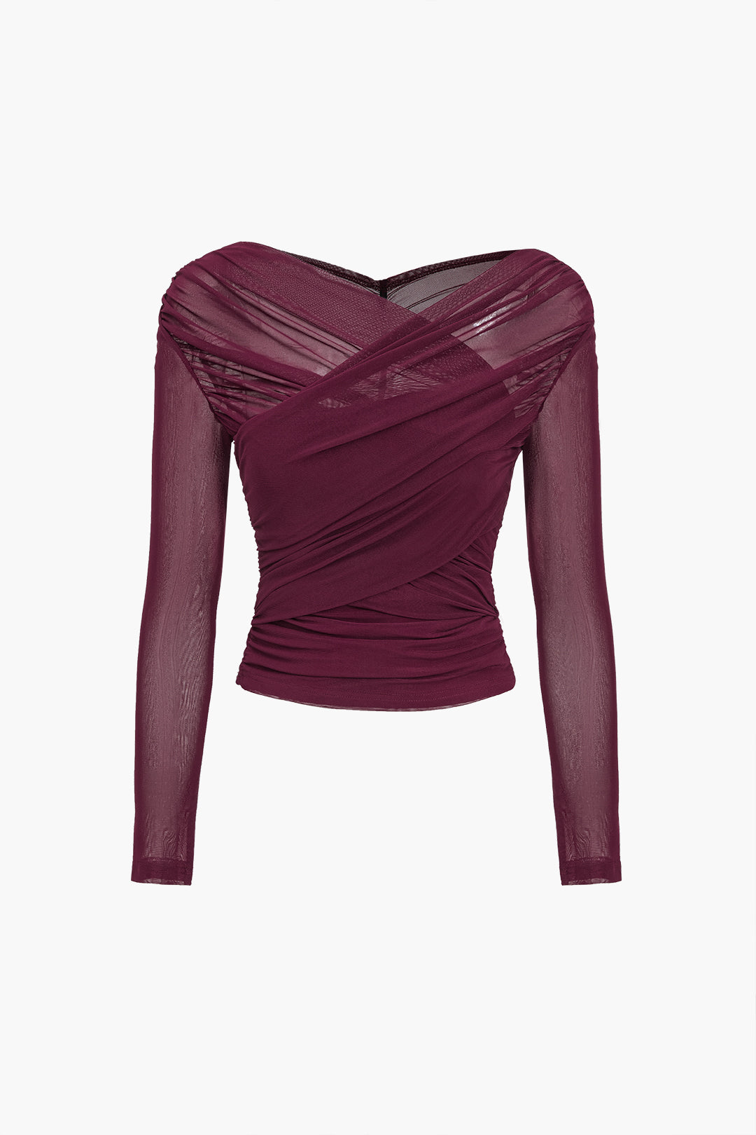 Women's Mesh-Panel Wrap-Style Top – Wine Red
