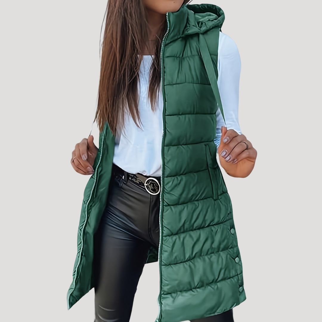 Women's Padded Hood-Detail Longline Vest – Dark Green