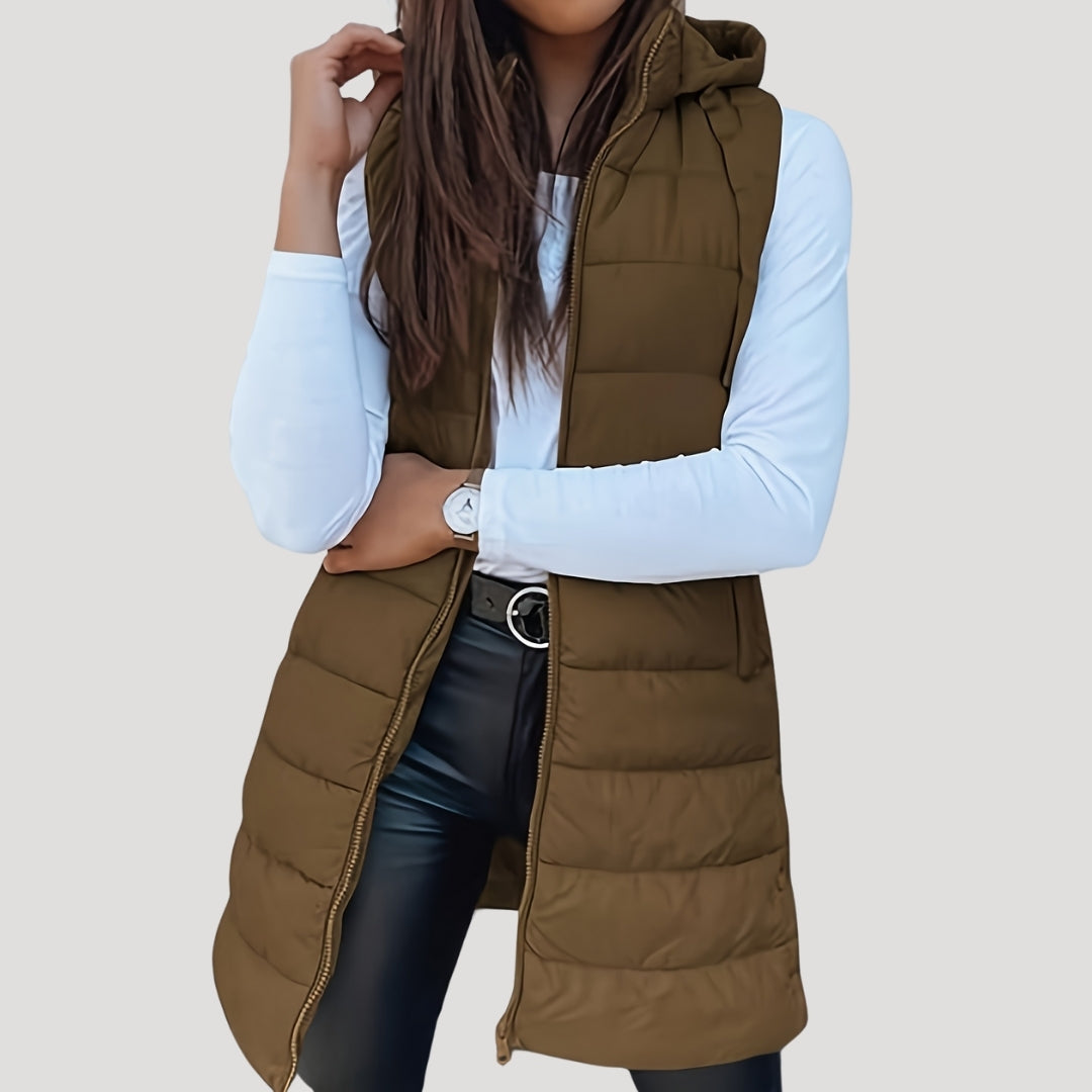 Women's Padded Hood-Detail Longline Vest – Brown