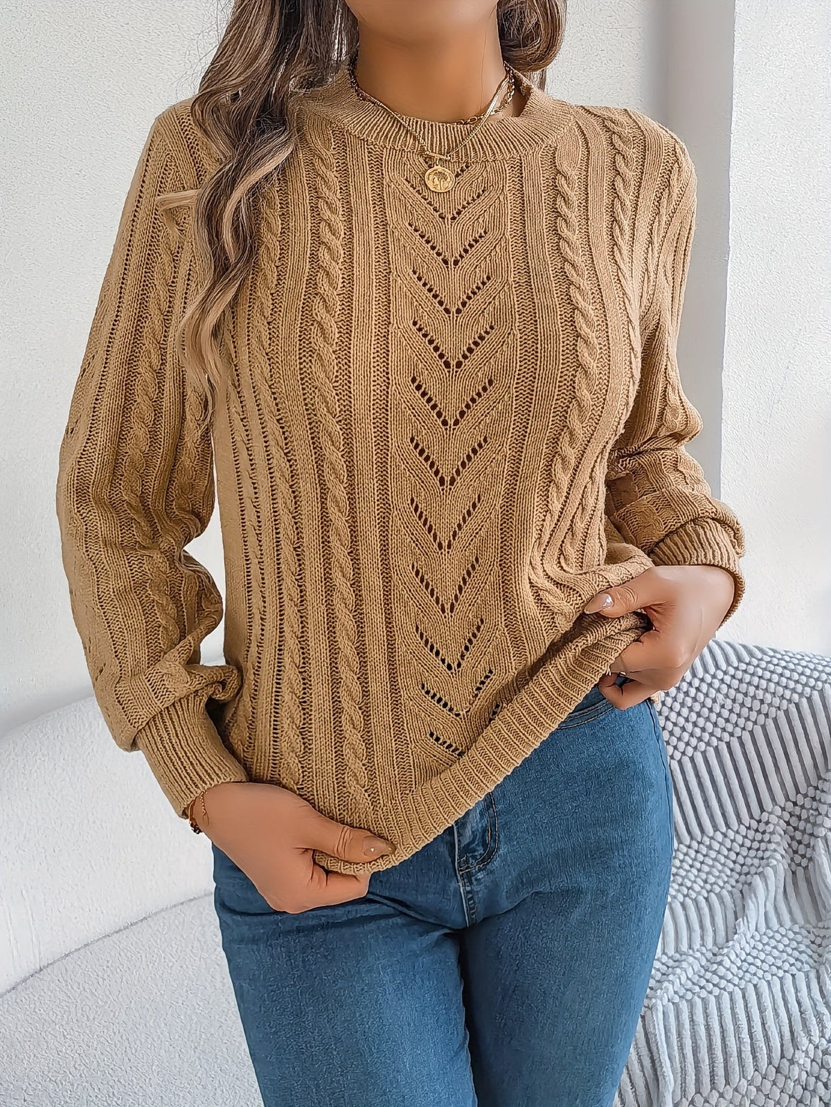 Women's Cable-Stitch Openwork Round-Neck Pullover – view 4