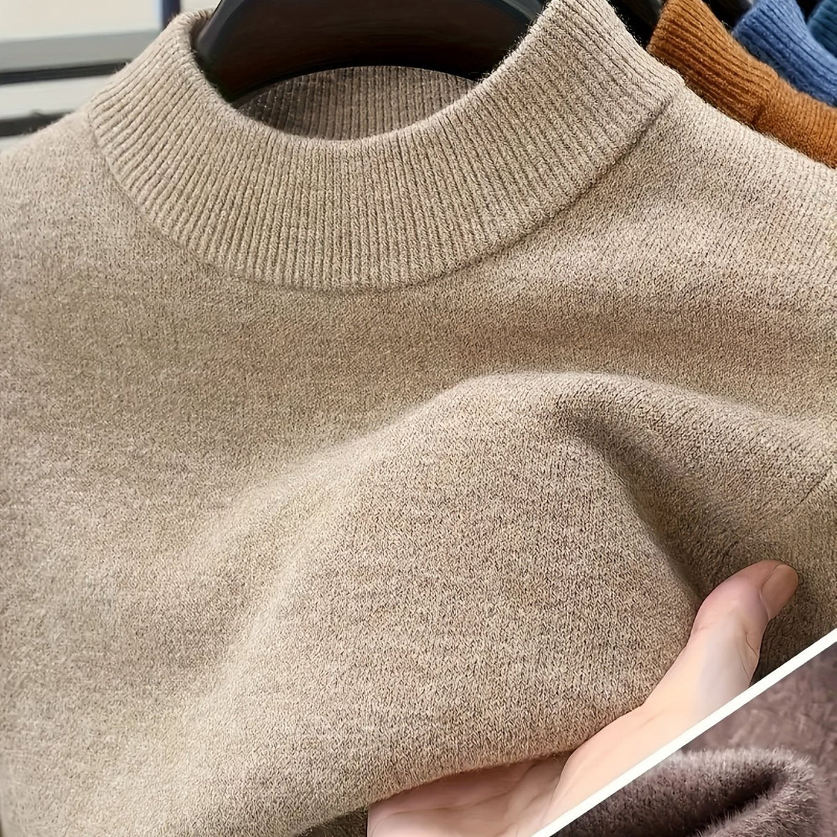 Men's Slim-Cut Rib-Knit Mock-Neck Knit Pullover – Camel