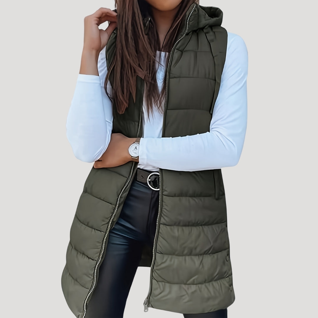 Women's Padded Hood-Detail Longline Vest – Army Green
