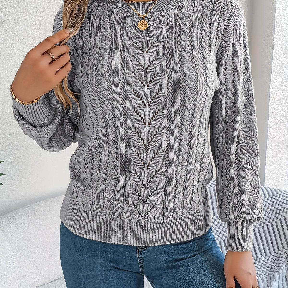 Women's Cable-Stitch Openwork Round-Neck Pullover – Gray