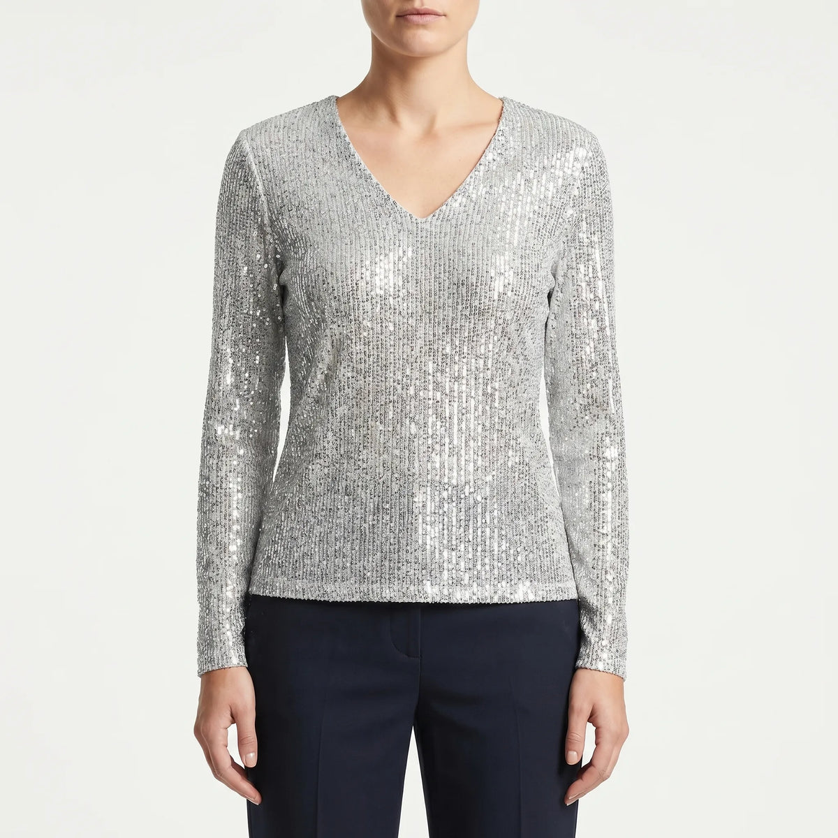 Women's Sparkle V Neck Top for Weekends – Silver