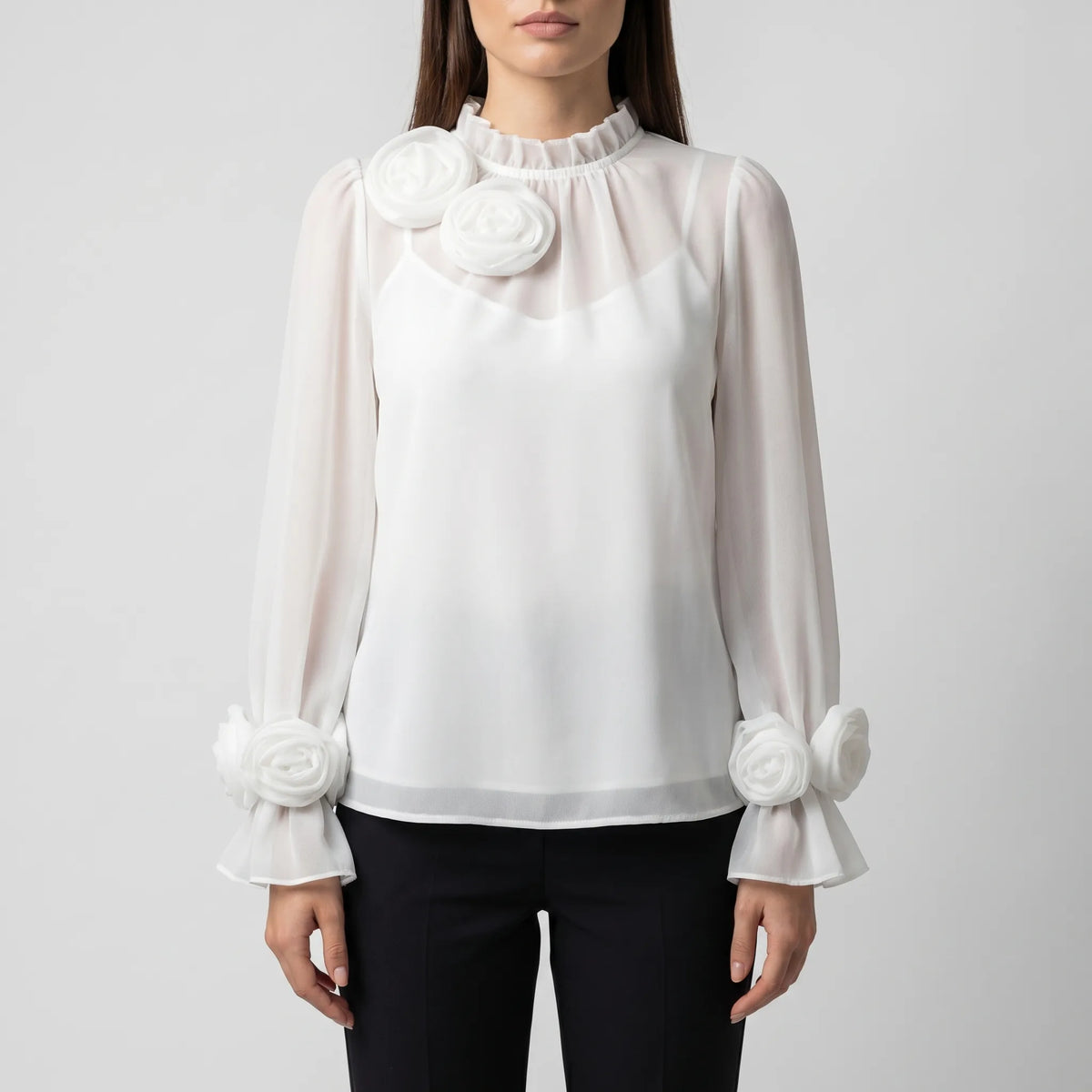 Women's 3D Rose Blouse for Evening Wear – White