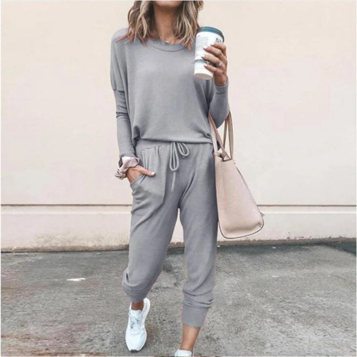 Women's Easy-Fit Long Sleeve Top and Jogger Set – Light Gray