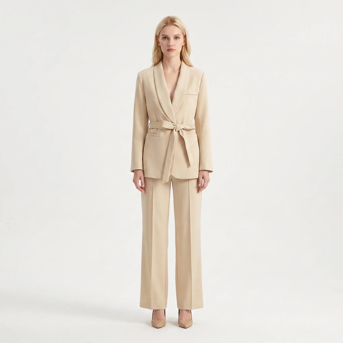 Women's Belt-Detail Wide-Cut Pants Suit Set – Beige