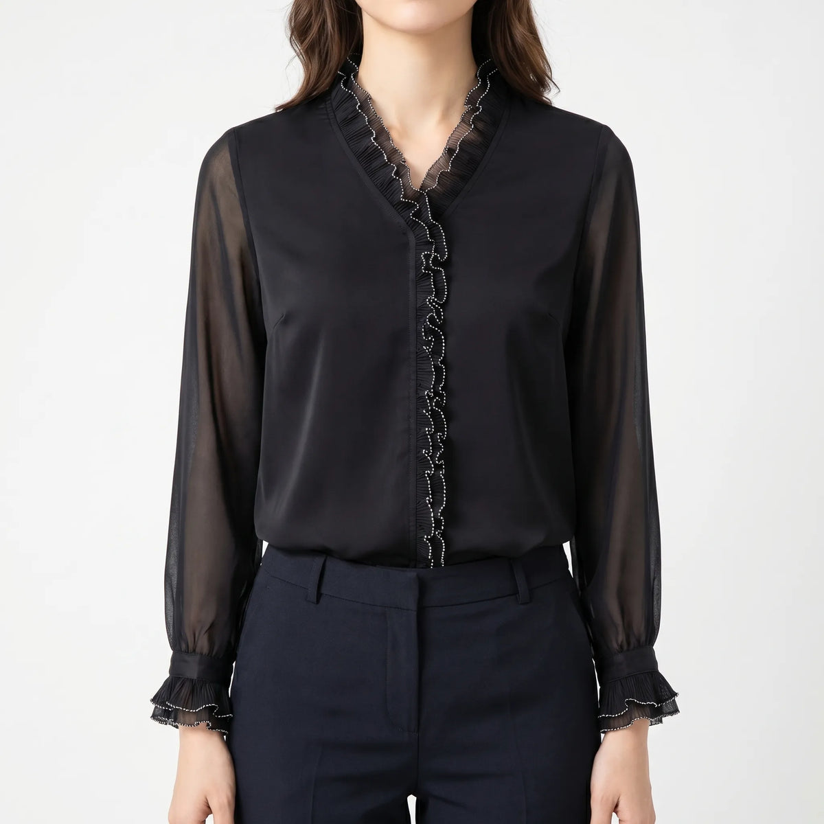Women's Satin-Finish Ruffle Blouse – Black