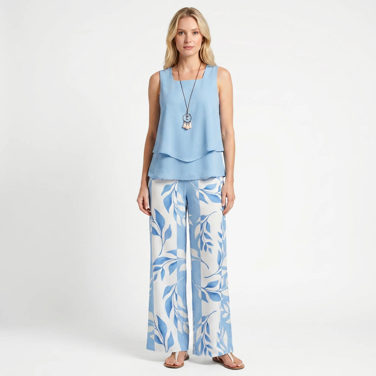 Women's Top and Wide-Cut Pants Set – Blue