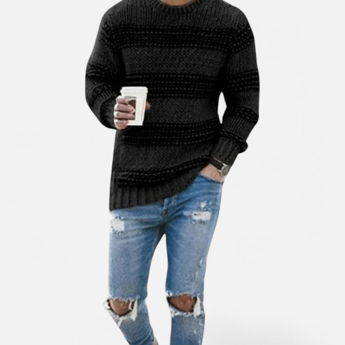 Men's Crewneck Mid-Weight Cold-Weather Knit Pullover – Black