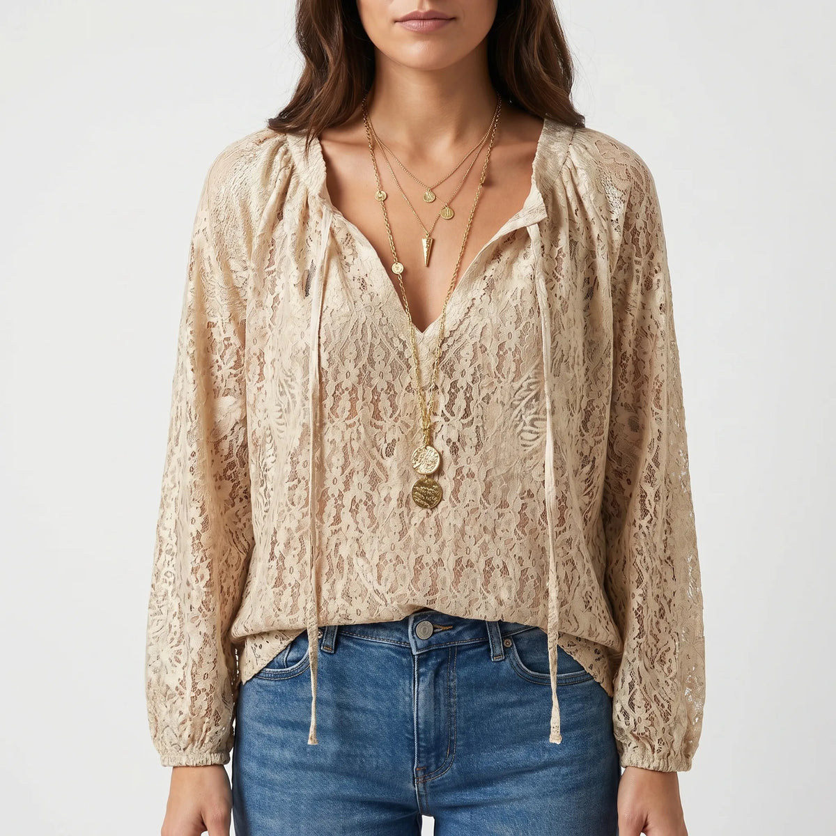 Women's Boho Lace-Detail Blouse – Khaki