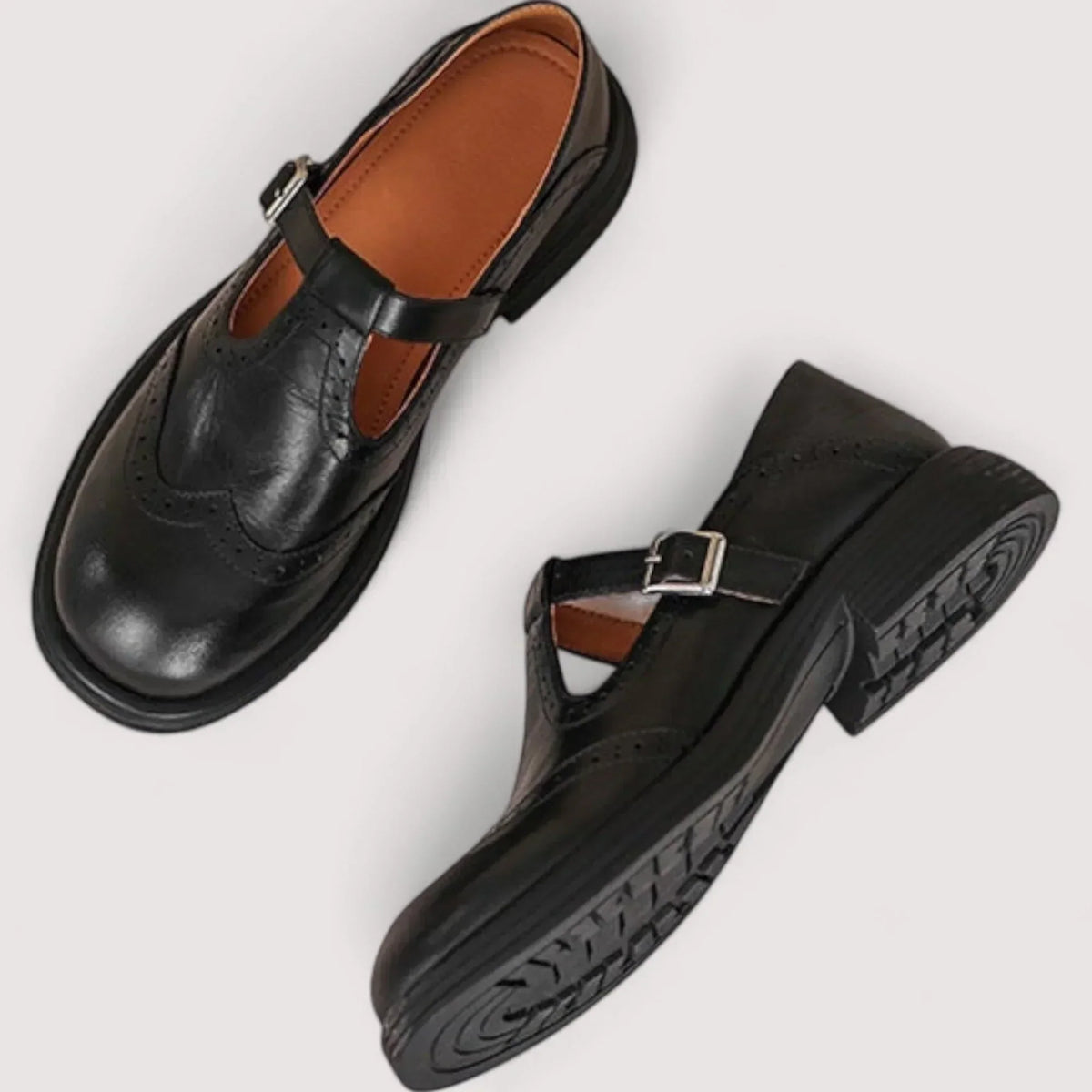 Women's Brogue T-Bar Flats for Work – Black