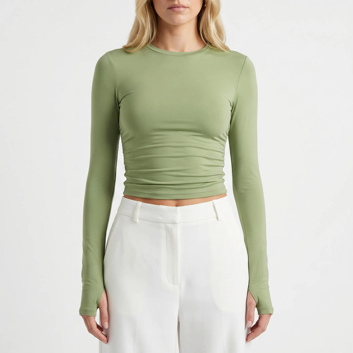 Women's Long-Sleeve Crop Top for Everyday Wear – Green